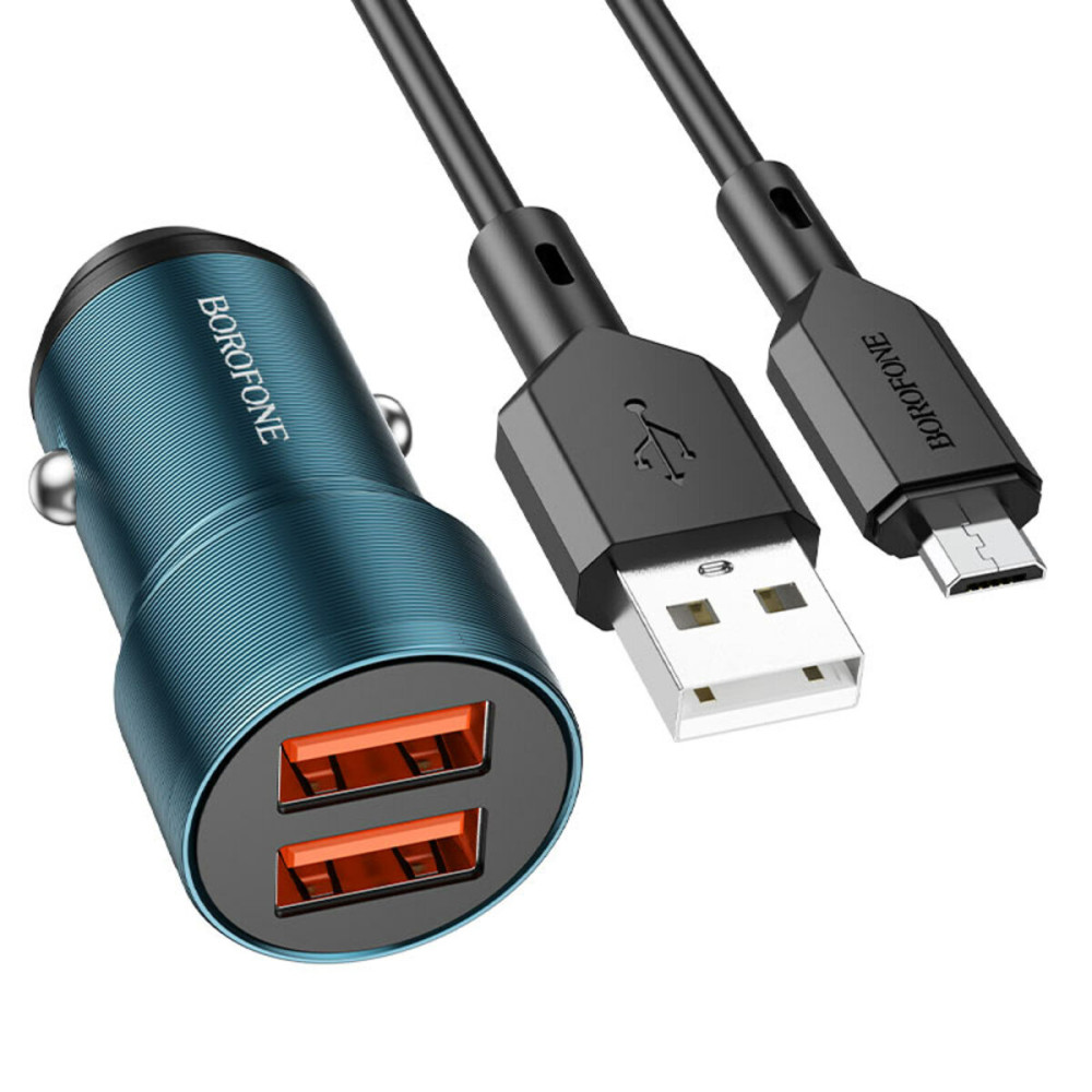 Автомобильное зарядное устройство BOROFONE BZ19 Wisdom dual port car charger set(Micro) Sapphire Blue (BZ19MSU)