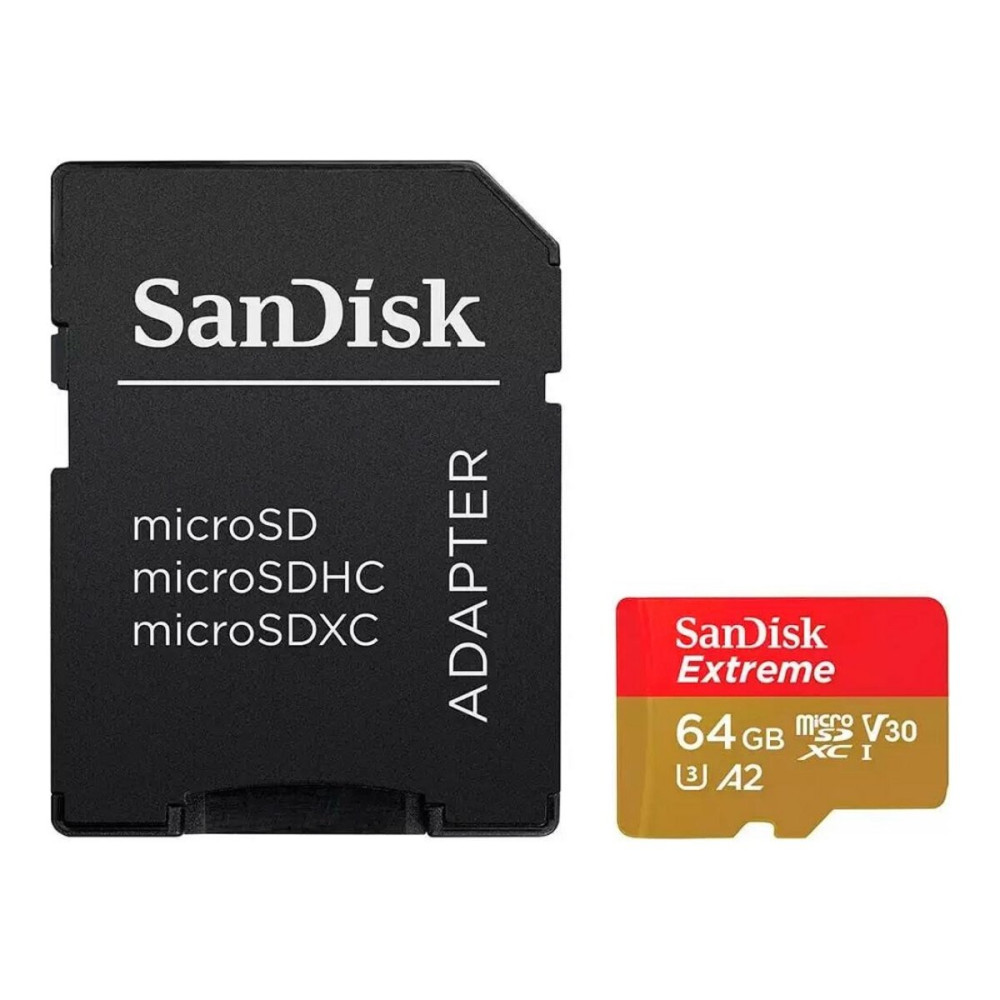 microSDXC (UHS-1 U3) SanDisk Extreme для экшн-камер и дронов A2 64ГБ класс 10 V30 (R170MB/s,W80MB/s) (адаптер) (SDSQXAH-064G-GN6AA)