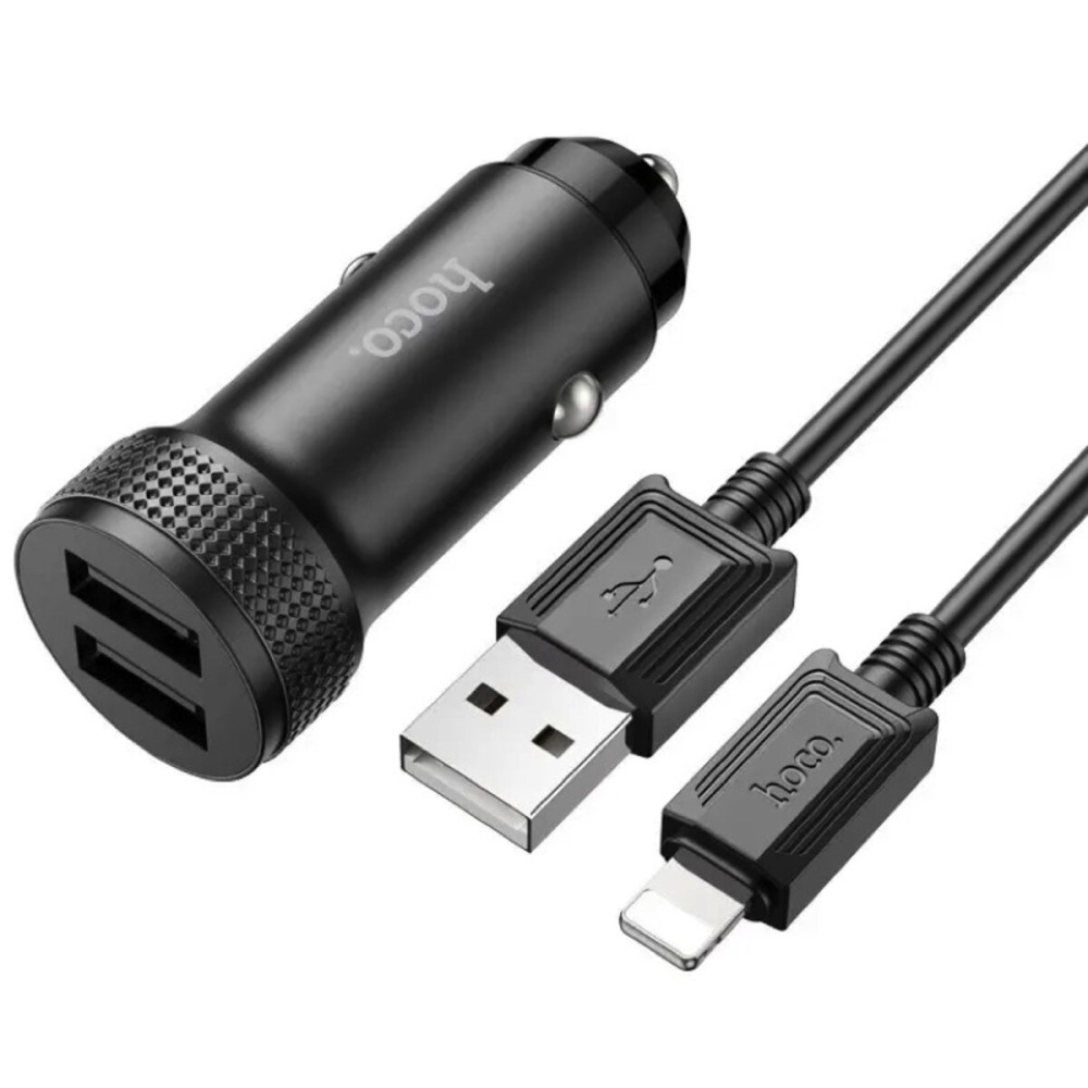 Автомобильное зарядное устройство HOCO Z49 Level dual port car charger set(iP) Black (6931474795625)