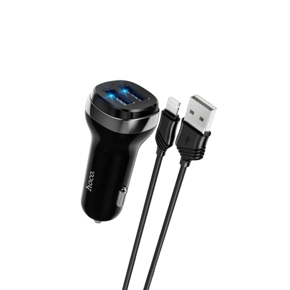 Автомобильное зарядное устройство HOCO Z40 Superior dual port car charger set(iP) Black (6931474739674)