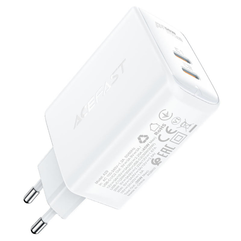 Сетевое зарядное устройство ACEFAST A29 PD50W GaN (USB-C+USB-C) двойной порт White (AFA29W)