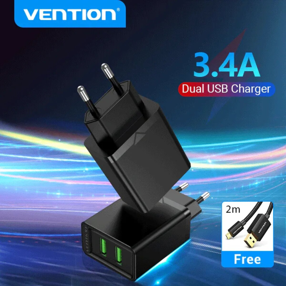 Зарядное устройство Vention Two-Port USB(A+A) Wall Charger (18W/18W) EU-Plug Black (FBAB0-EU) (FBAB0-EU)