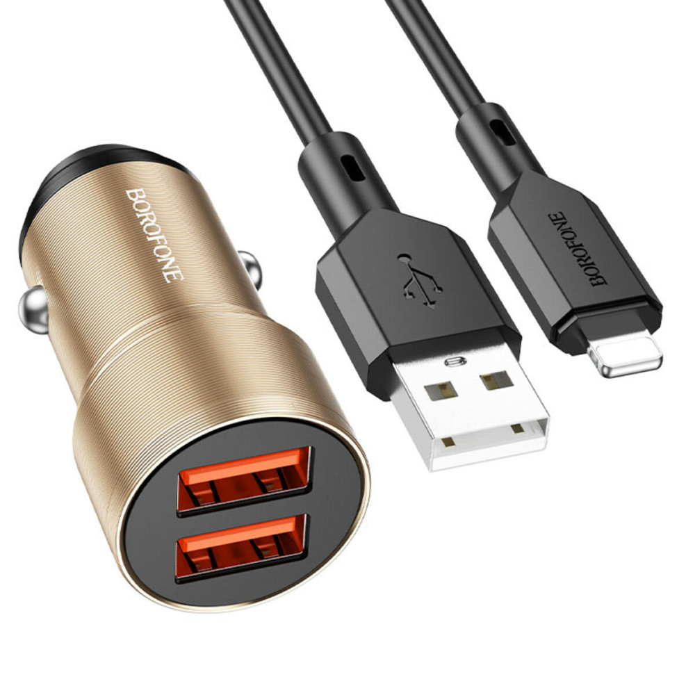 Автомобильное зарядное устройство BOROFONE BZ19 Wisdom dual port car charger set(iP) Gold (BZ19LG)