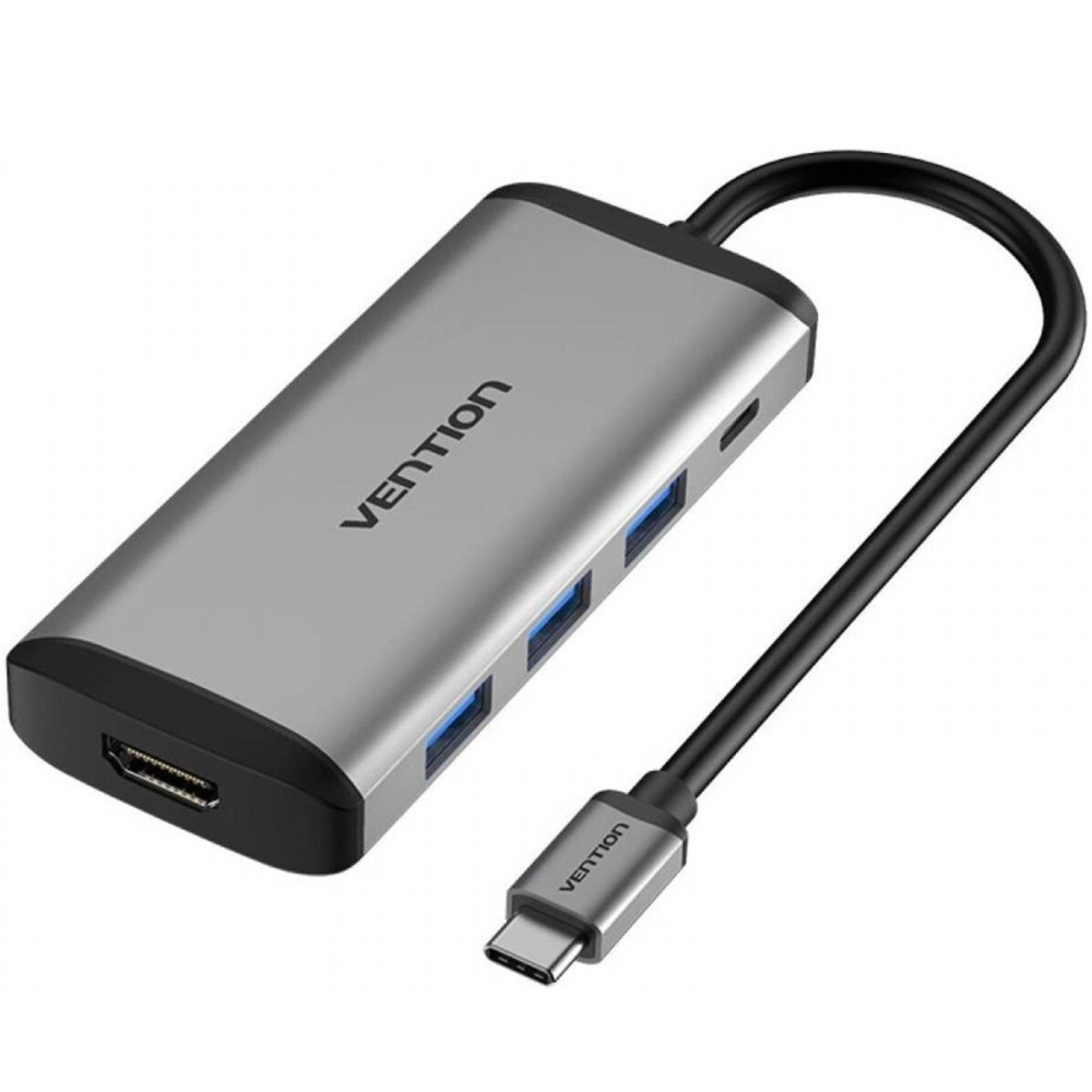 Хаб Vention Type-C на HDMI/USB3.0*3/PD Конвертер 0.15M Серый металл Тип (CNBHB) (CNBHB)