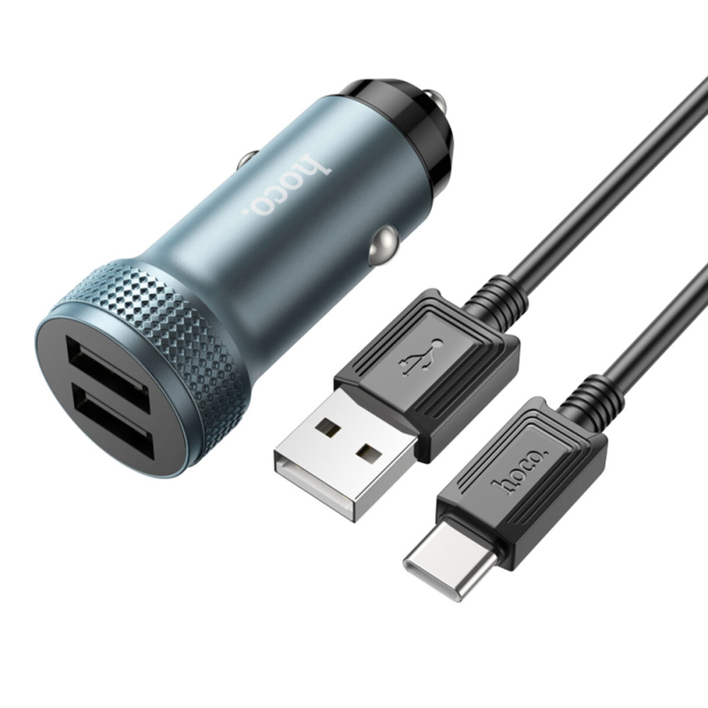 Автомобильное зарядное устройство HOCO Z49 Level dual port car charger set(Type-C) Metal Gray (6931474795670)