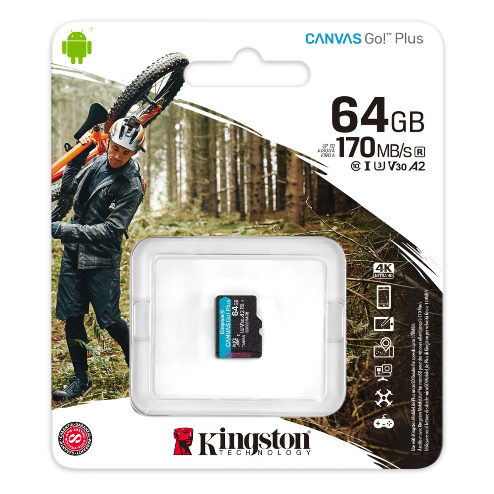 microSDXC (UHS-1 U3) Kingston Canvas Go Plus 64Gb класс 10 A2 V30 (R170MB/с, W70MB/с) (SDCG3/64GBSP)