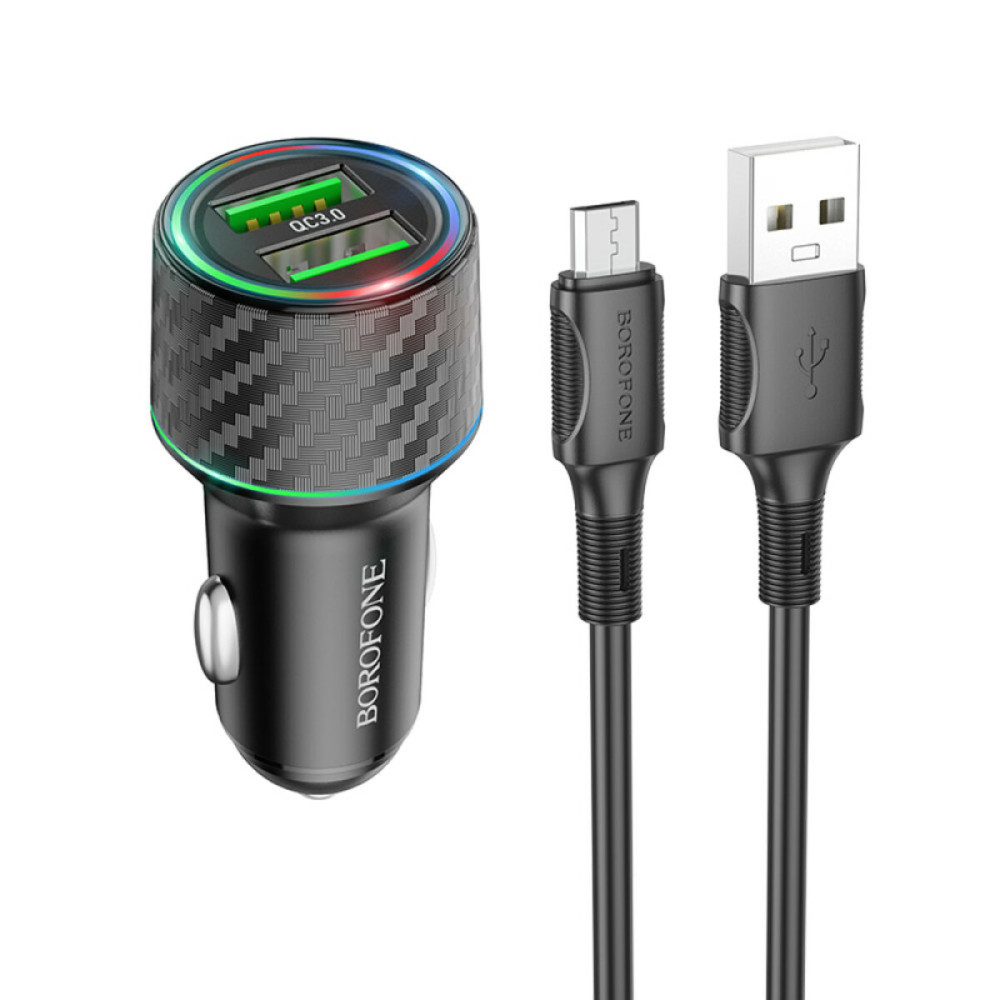 Автомобильное зарядное устройство BOROFONE BZ21A Brilliant 36W dual port QC3.0 car charger set(Micro) Black (BZ21AMB)