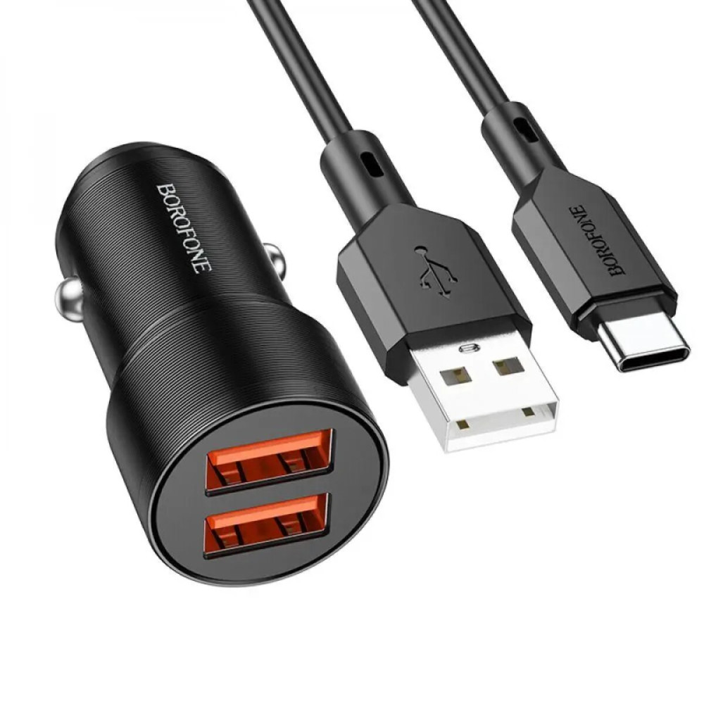 Автомобильное зарядное устройство BOROFONE BZ19B Wisdom 36W dual port QC3.0 car charger set(Type-C) Black (6941991101533)