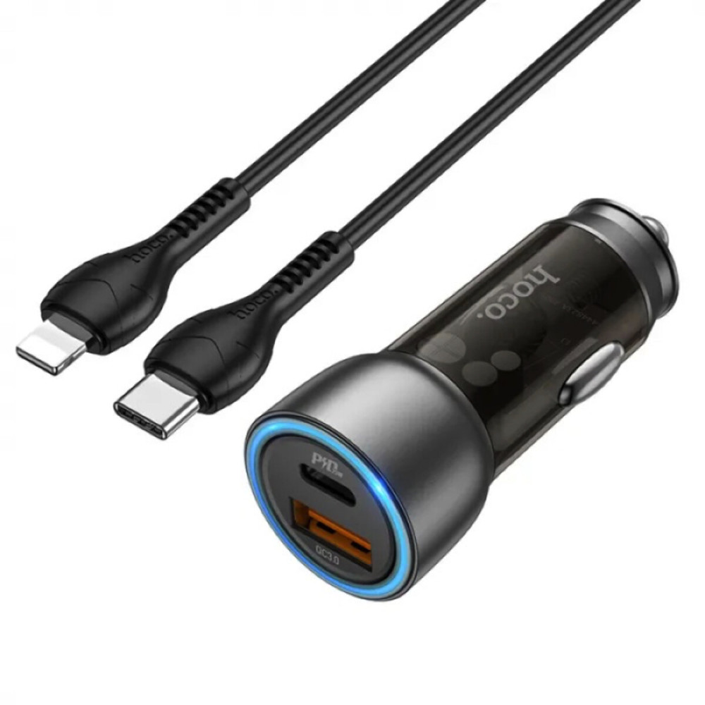 Автомобильное зарядное устройство HOCO NZ8 Sprinter 43W dual port PD25W+QC3.0 car charger set(C to iP) Brown (6931474782731)