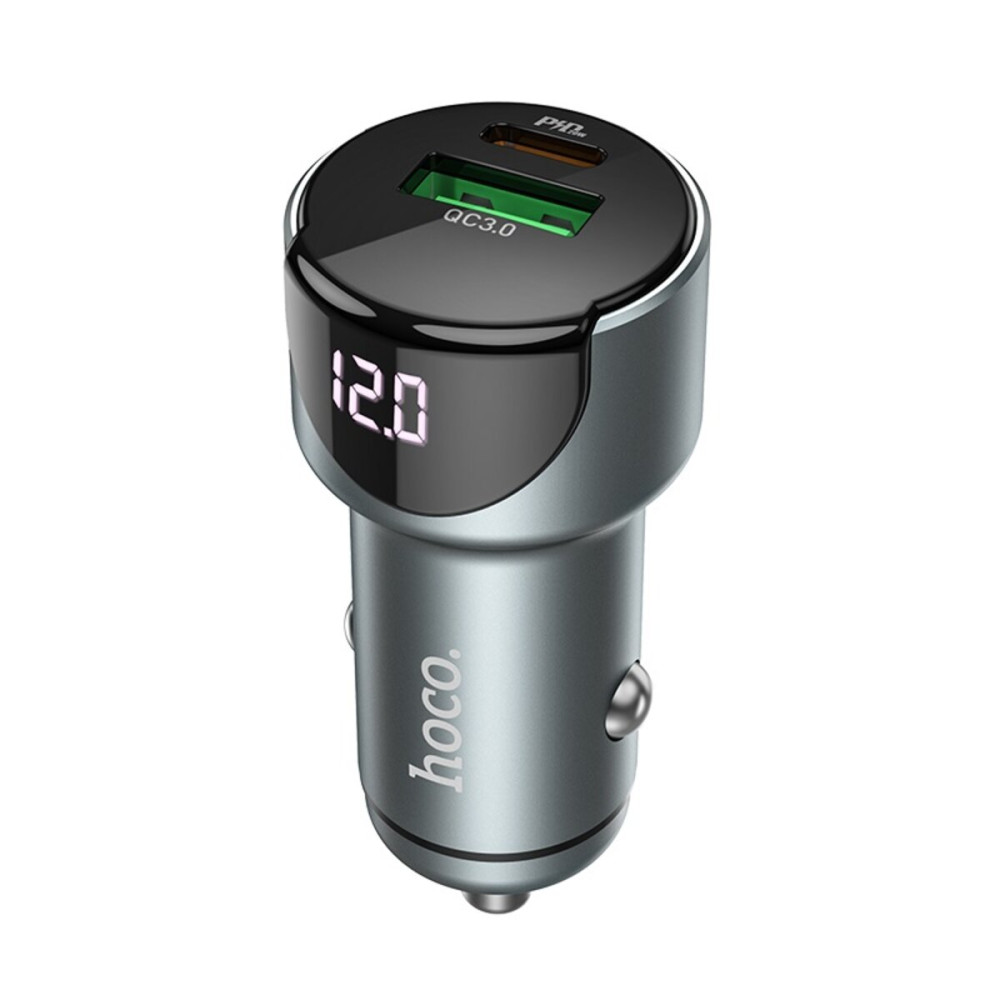 Автомобильное зарядное устройство HOCO Z42 Light road dual port digital display PD20W+QC3.0 car charger Metal Gray (6931474742551)