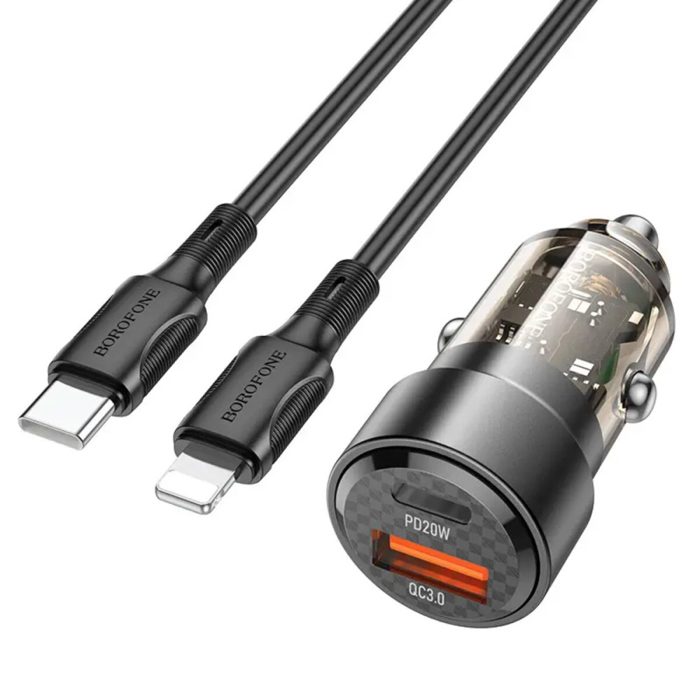 Автомобильное зарядное устройство BOROFONE BZ20 Smart 38W dual port PD20W+QC3.0 car charger set(C to iP) Transparent Black (BZ20CLTB)