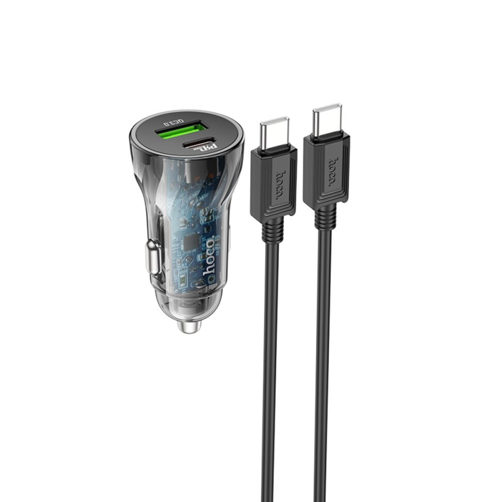 Автомобильное зарядное устройство HOCO Z47A Transparent Discovery Edition dual port PD30W+QC3.0 car charger set(Type-C to Type-C) Transparent Black (6931474782311)